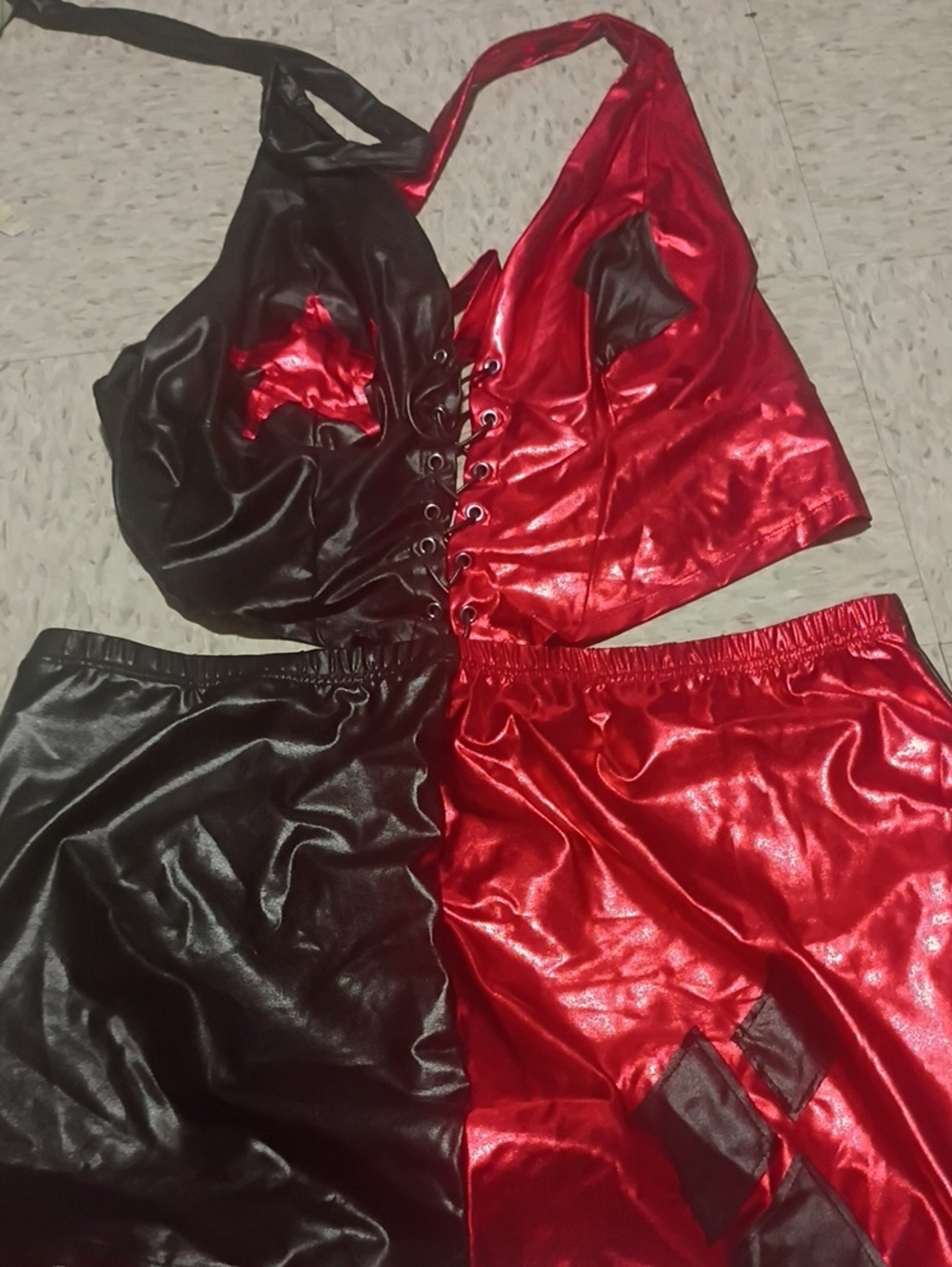 Red and Black Satin-Look  Harley Quinn Halter Crop Top and Skirt
